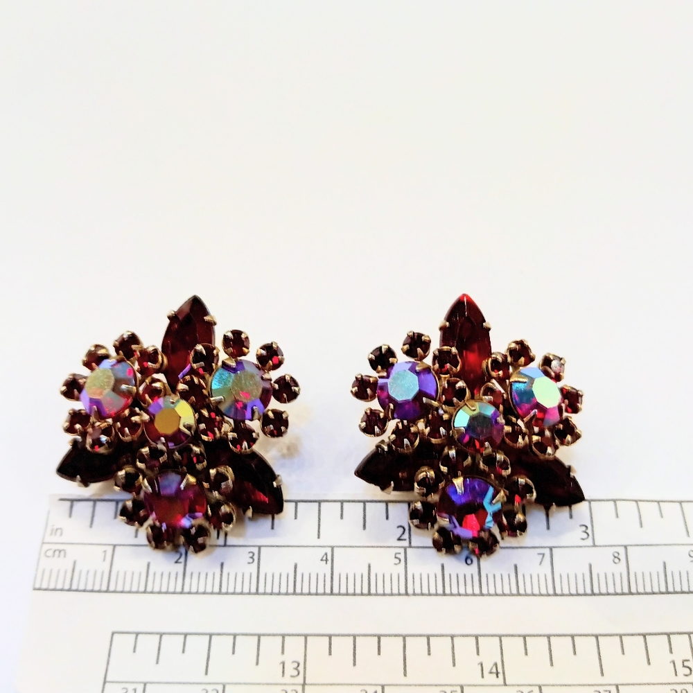 Vintage Sparkling Red Pink AB Rhinestone Clip Earrings - Picture 2 of 5